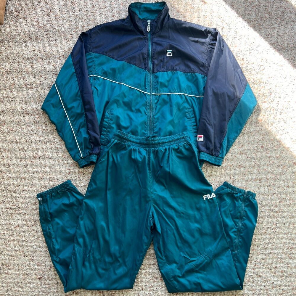 Vintage Fila Track Suit Set Mens Medium Teal Navy Nylon Jacket Pants 90s